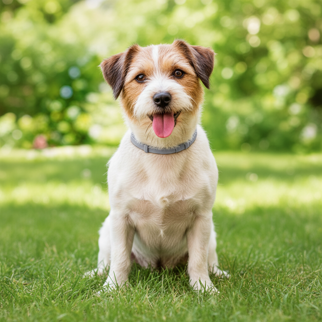 Petit chien portant le collier Seresto dans un jardin