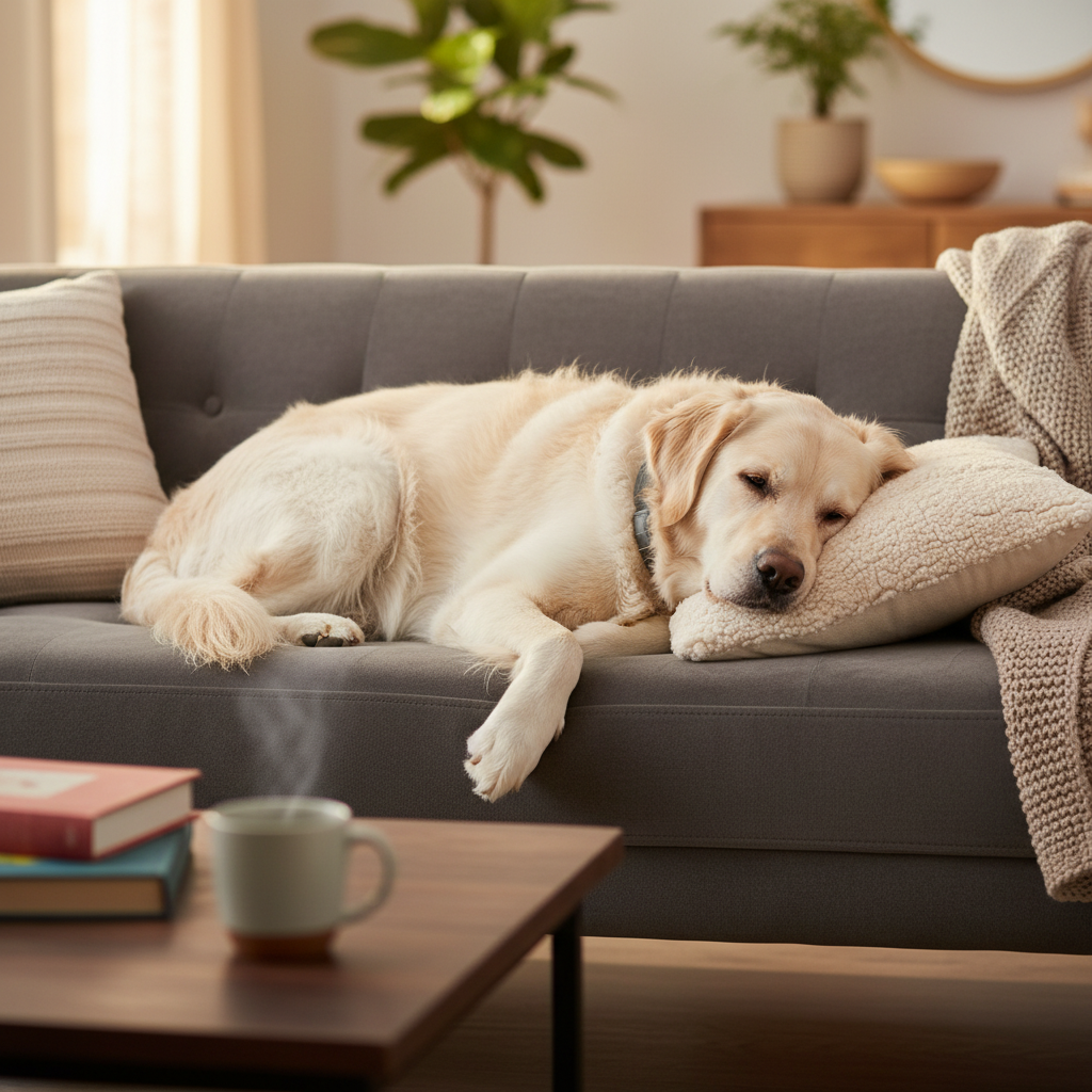 Grand chien avec collier Seresto sur un canapé