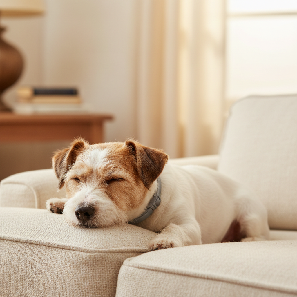 Petit chien avec collier Seresto sur un canapé