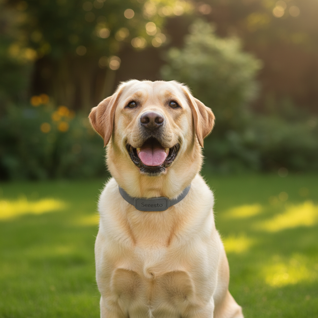 Labrador portant le collier Seresto dans un jardin