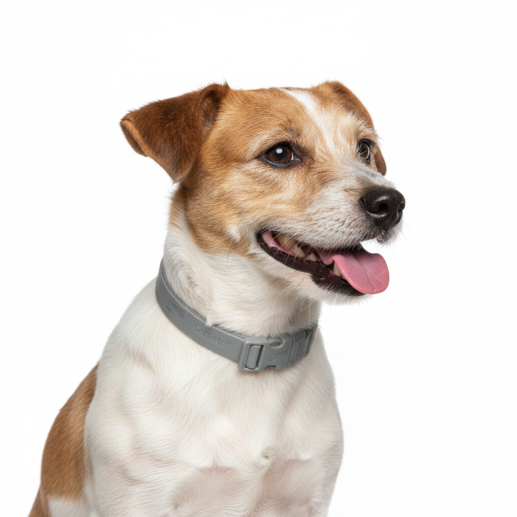 Gros plan du collier Seresto sur un petit chien